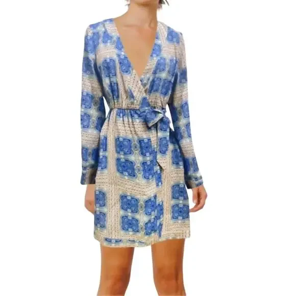 Ciebon Rachelle Blue Multi Print V-neck Long Sleeve Mini Wrap Dress - Picture 3 of 16